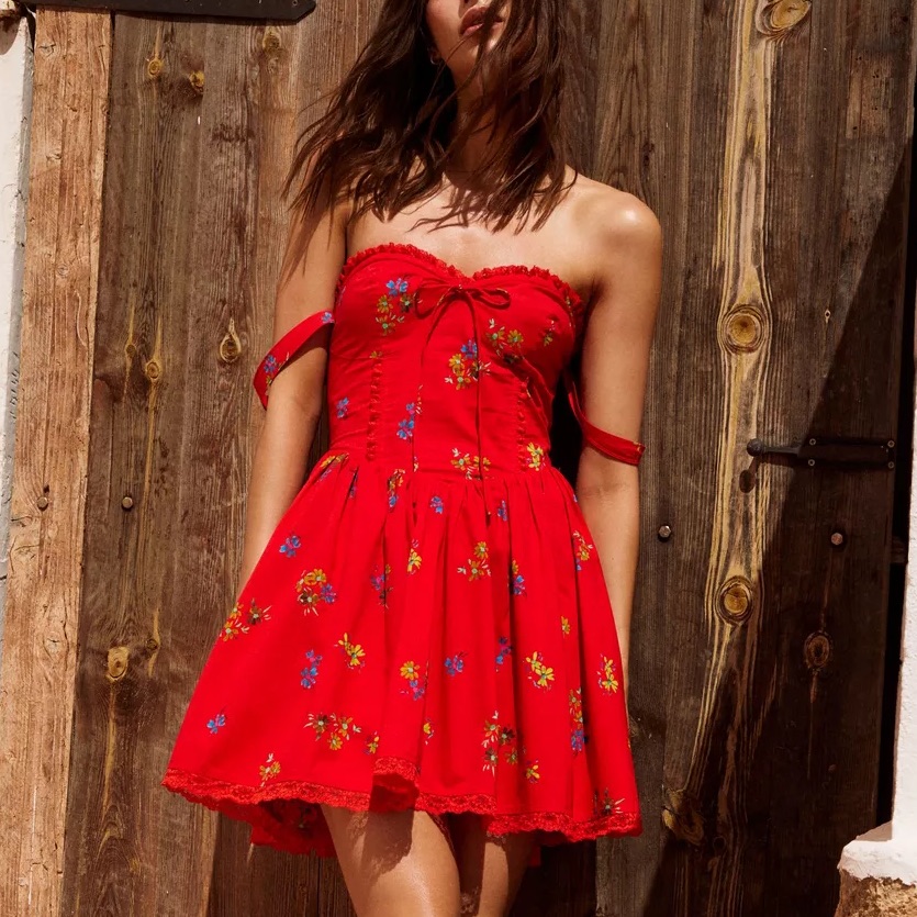 Nasty Gal Ditsy Red Floral Milkmaid Dress
